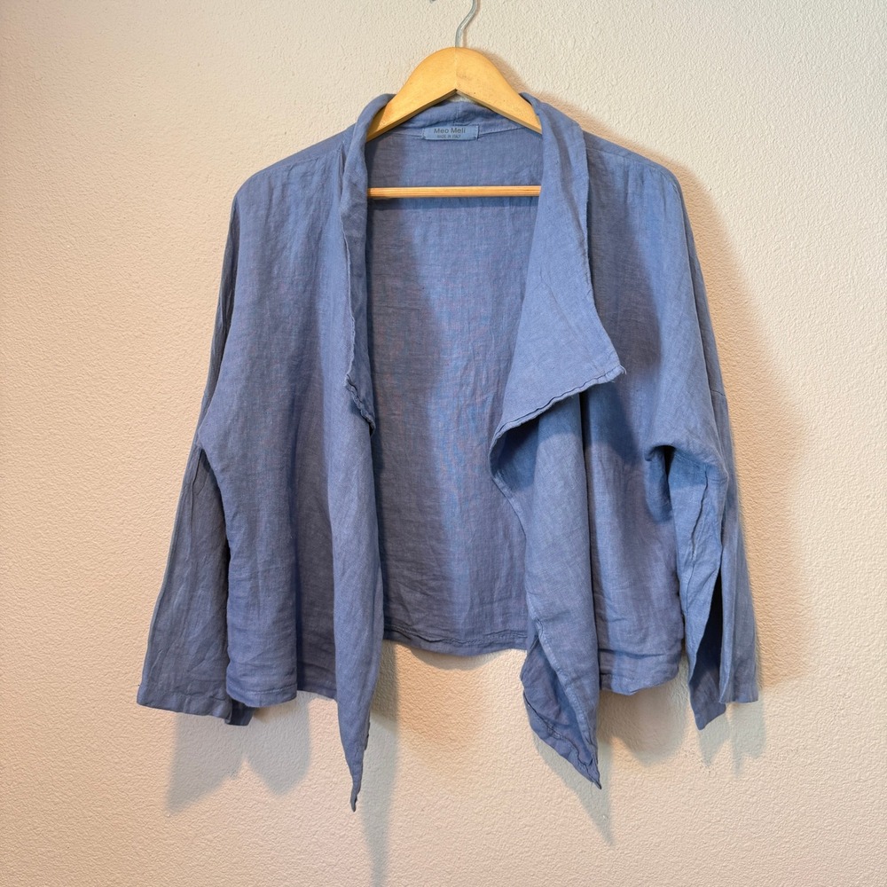 Meo Meli Italy Linen Open Front Cardigan Jacket Blue Draped Waterfall Relaxed